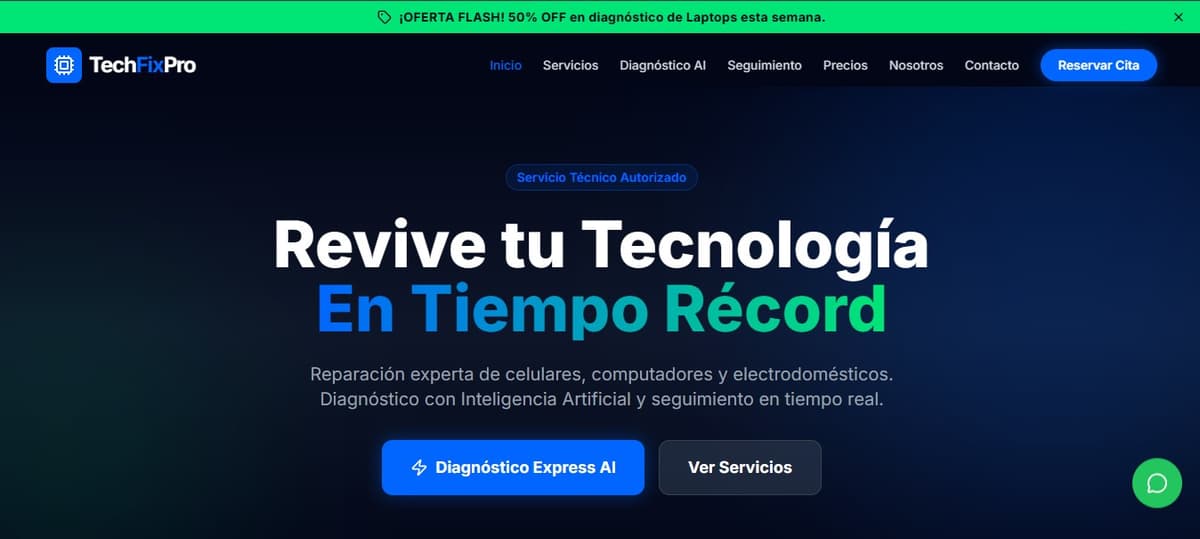 Sitio web moderno de reparación experta de celulares, computadores y electrodomésticos.